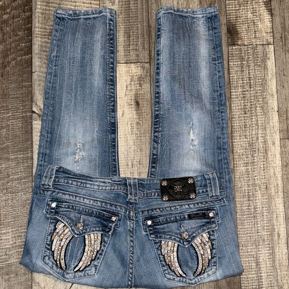 Miss Me Blue Skinny Jeans bling 💗Silver Embellishment gotta see rare find sz 31